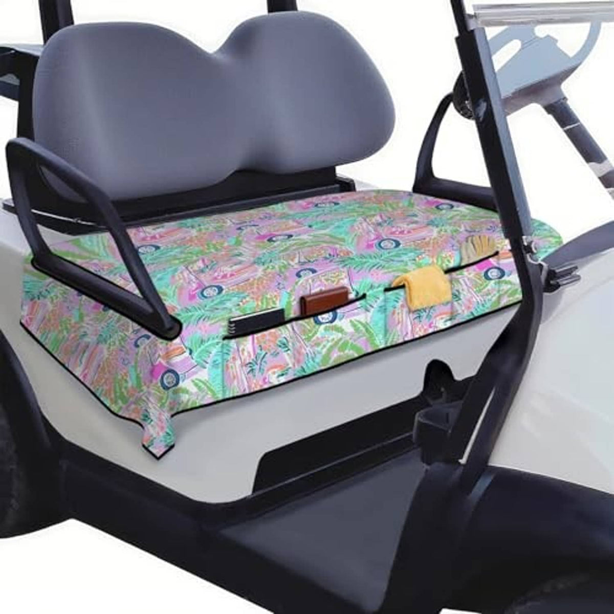 Two-seat golf cart seat cover towel blanket with colorful car and tropical leaf print