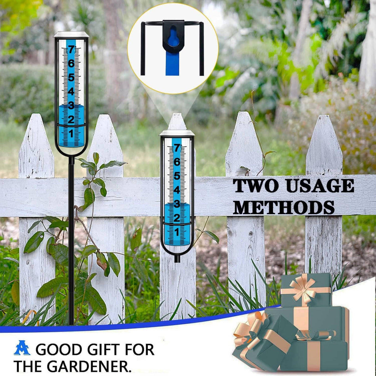 Two outdoor rain gauges with blue measuring tubes mounted on wooden fence posts