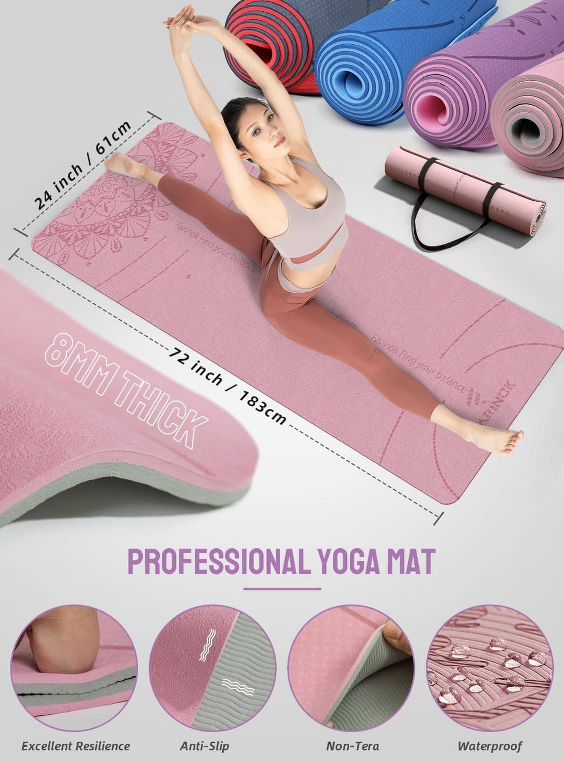 Pink yoga mat with textured mandala pattern, thickness and size measurement details