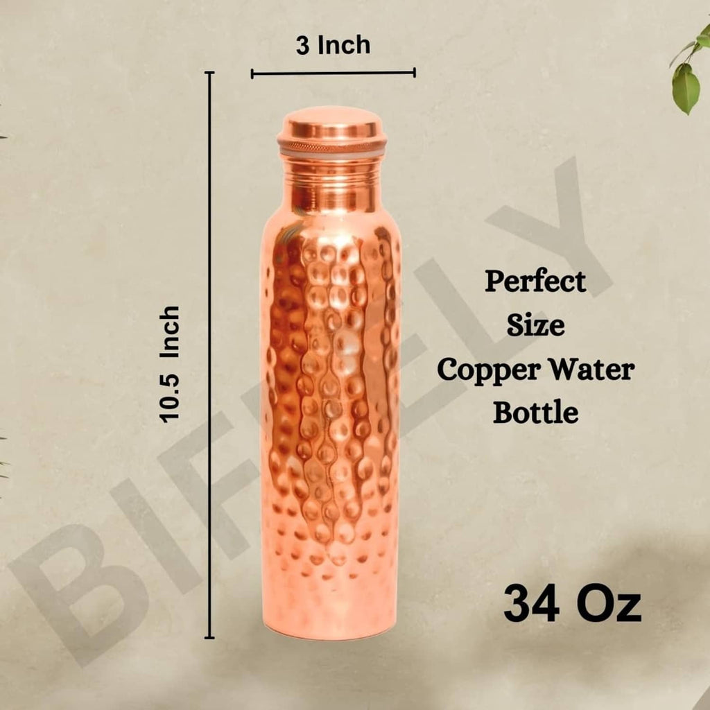 Copper water bottle with hammered texture and wide-mouth screw cap, 34 oz.