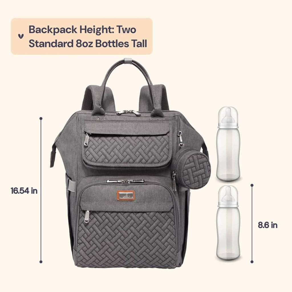 Dark gray diaper bag backpack with front flap pocket and round side accessory holder