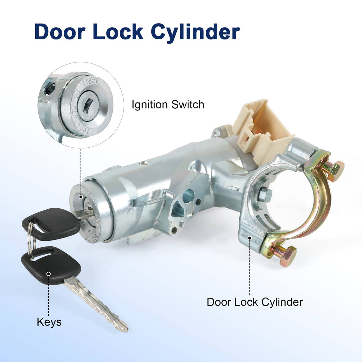 Door lock cylinder and ignition switch assembly with two keys, silver housing