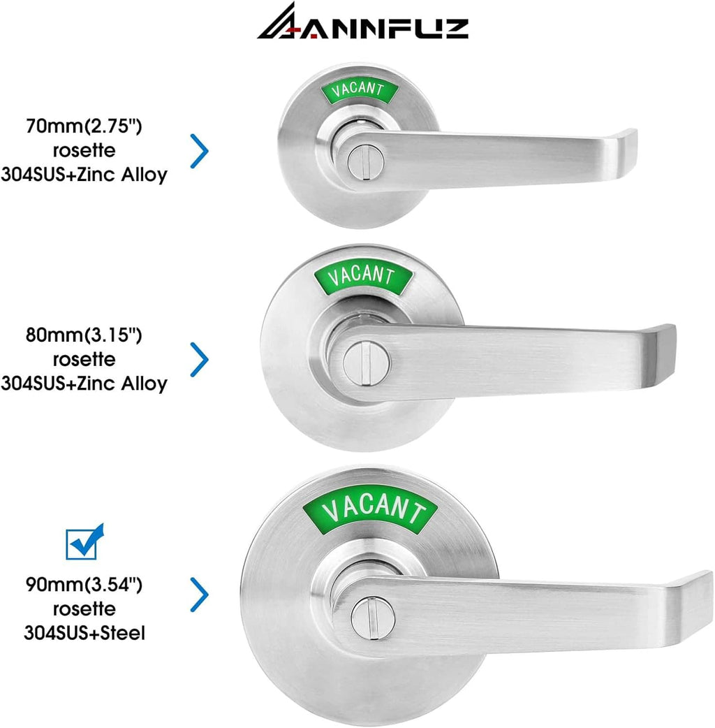 Stainless privacy lever door lock with green VACANT indicator, adjustable rosette sizes