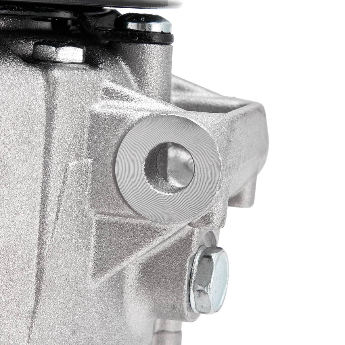 A/C compressor clutch side mounting boss and metal housing detail
