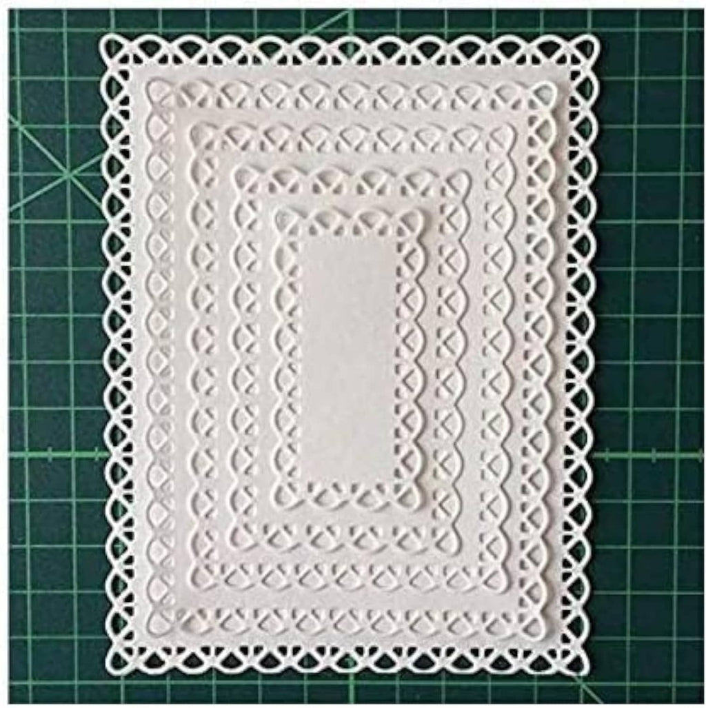 Nested scallop rectangle metal cutting die set with layered frame border