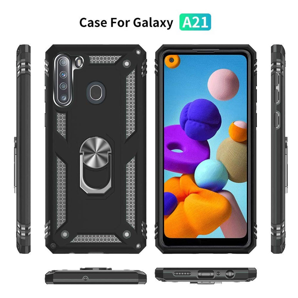 Black rugged Galaxy A21 case shown front, back, and side views with metal ring