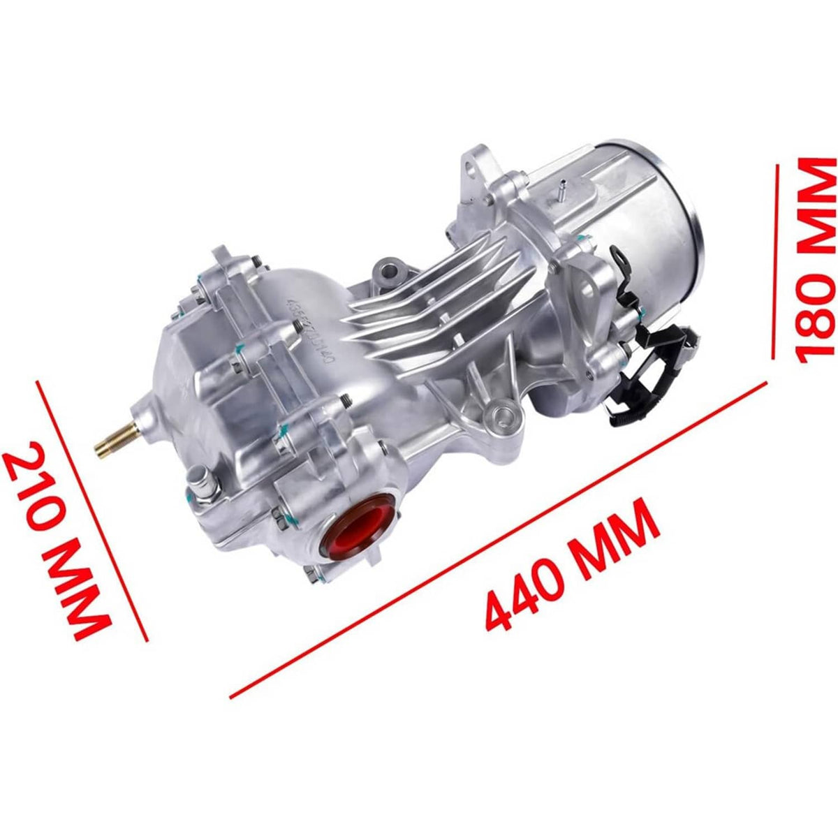 Rear differential carrier assembly with round housing end, metal finish, size diagram shown