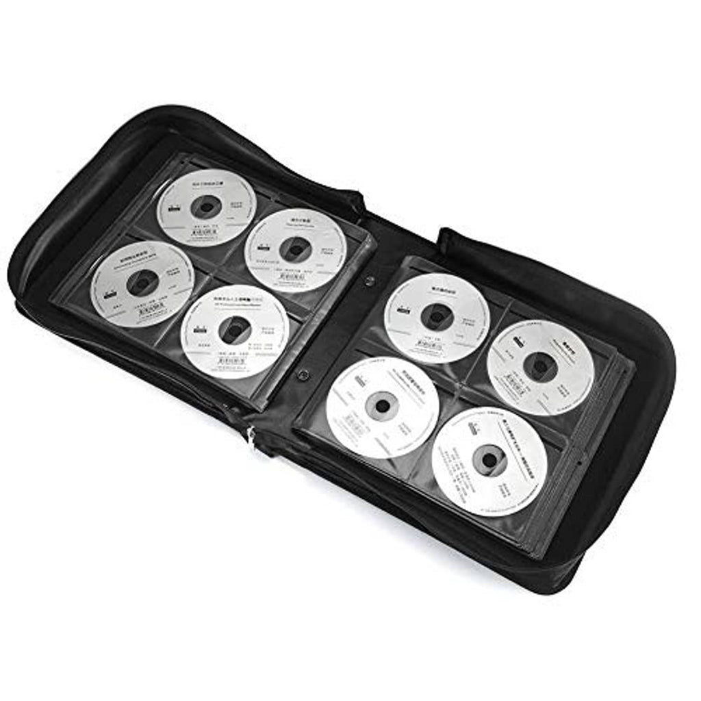 Black CD/DVD storage case opened, showing multiple discs in sleeves