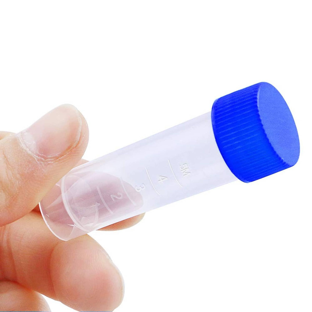 Hand holding a 5 ml plastic vial with blue screw cap and volume scale markings