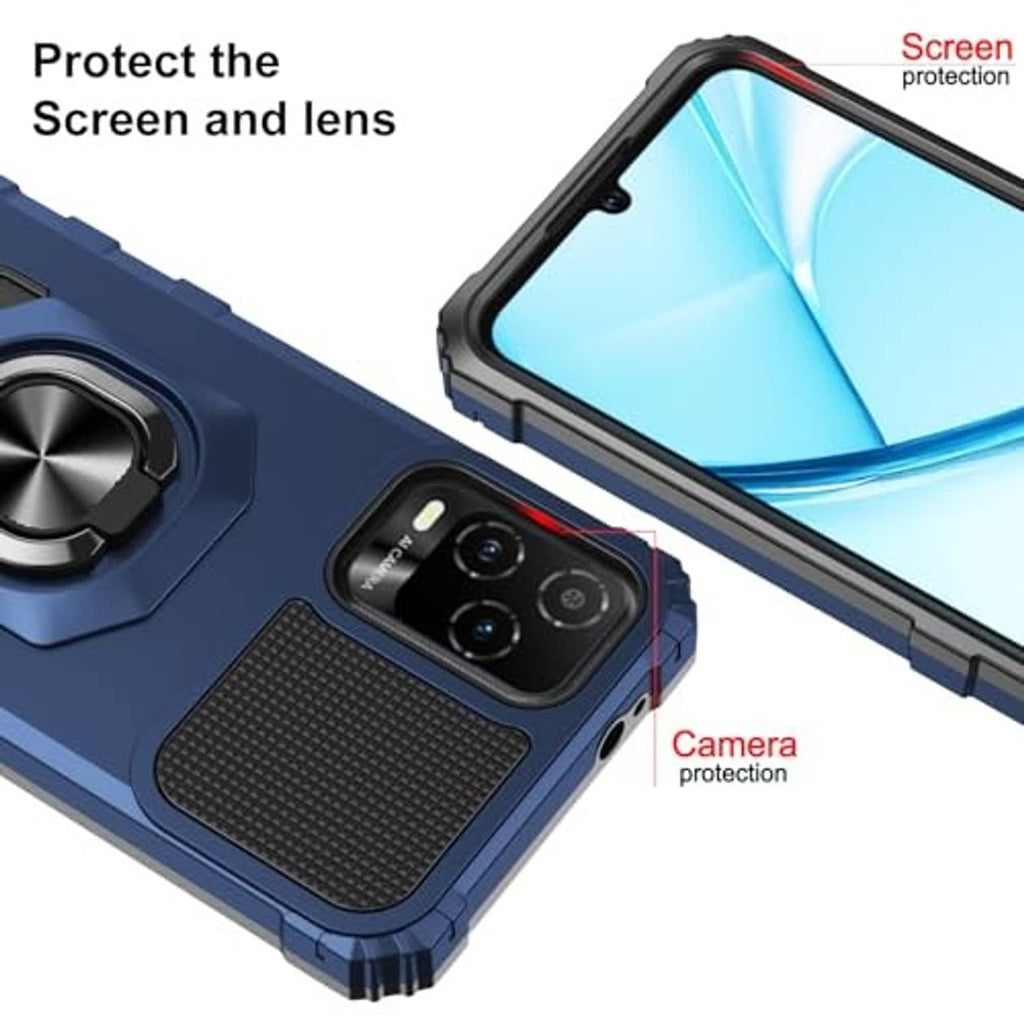 Blue rugged phone case with tempered glass screen protector and dual camera cutouts