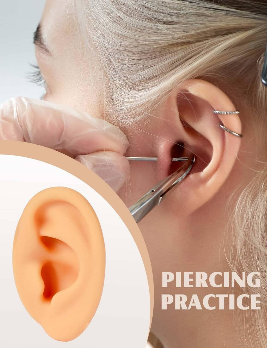 Skin-tone silicone ear model on a hand tool practice setup, realistic ear shape