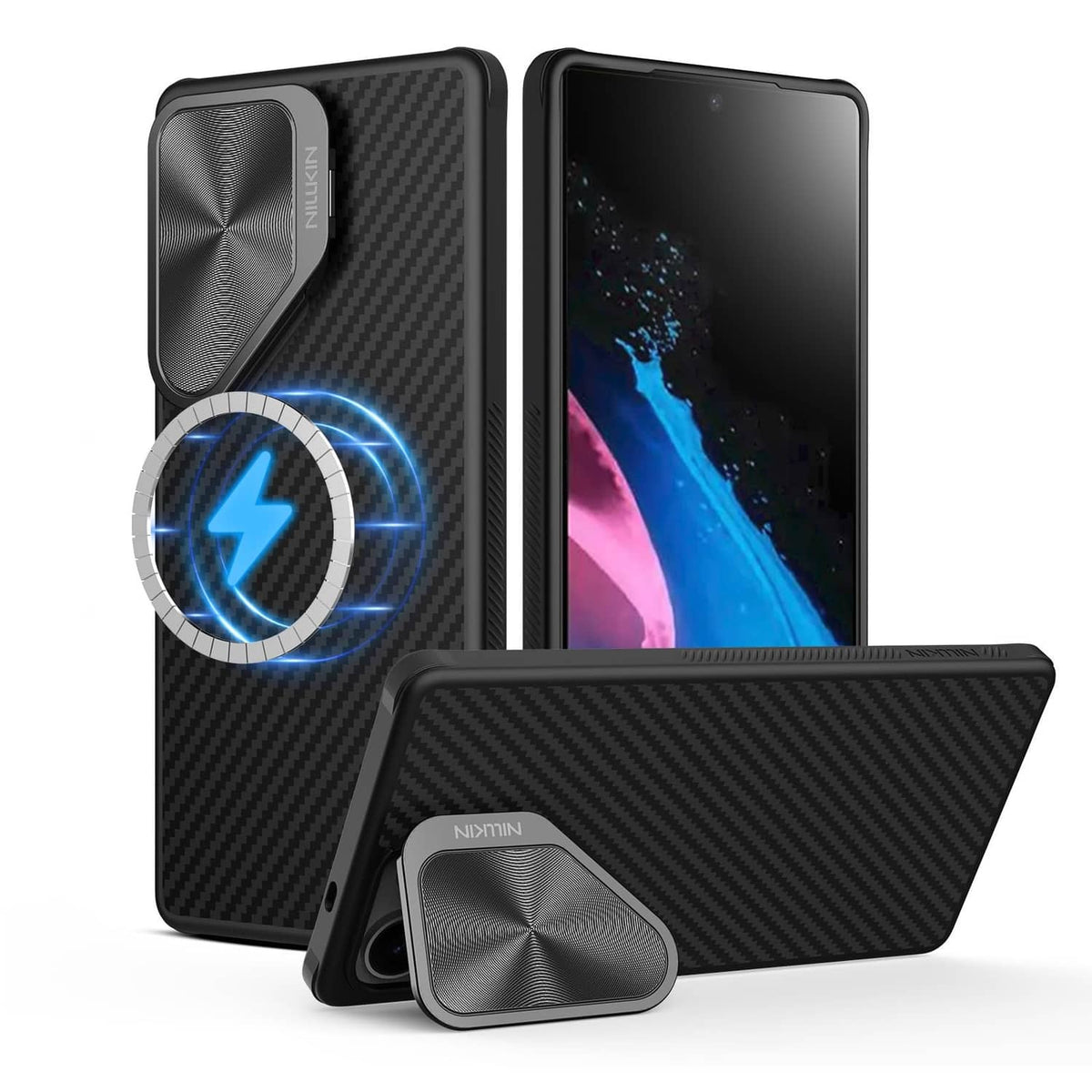 Black phone case with magnetic camera cover and built-in stand for S25 Ultra