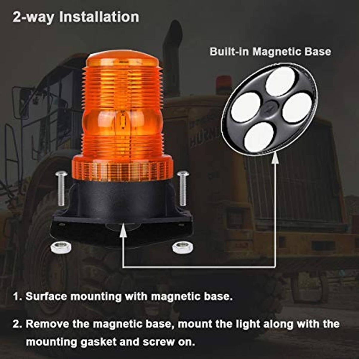 Amber LED strobe light on black base with built-in magnetic mounting design