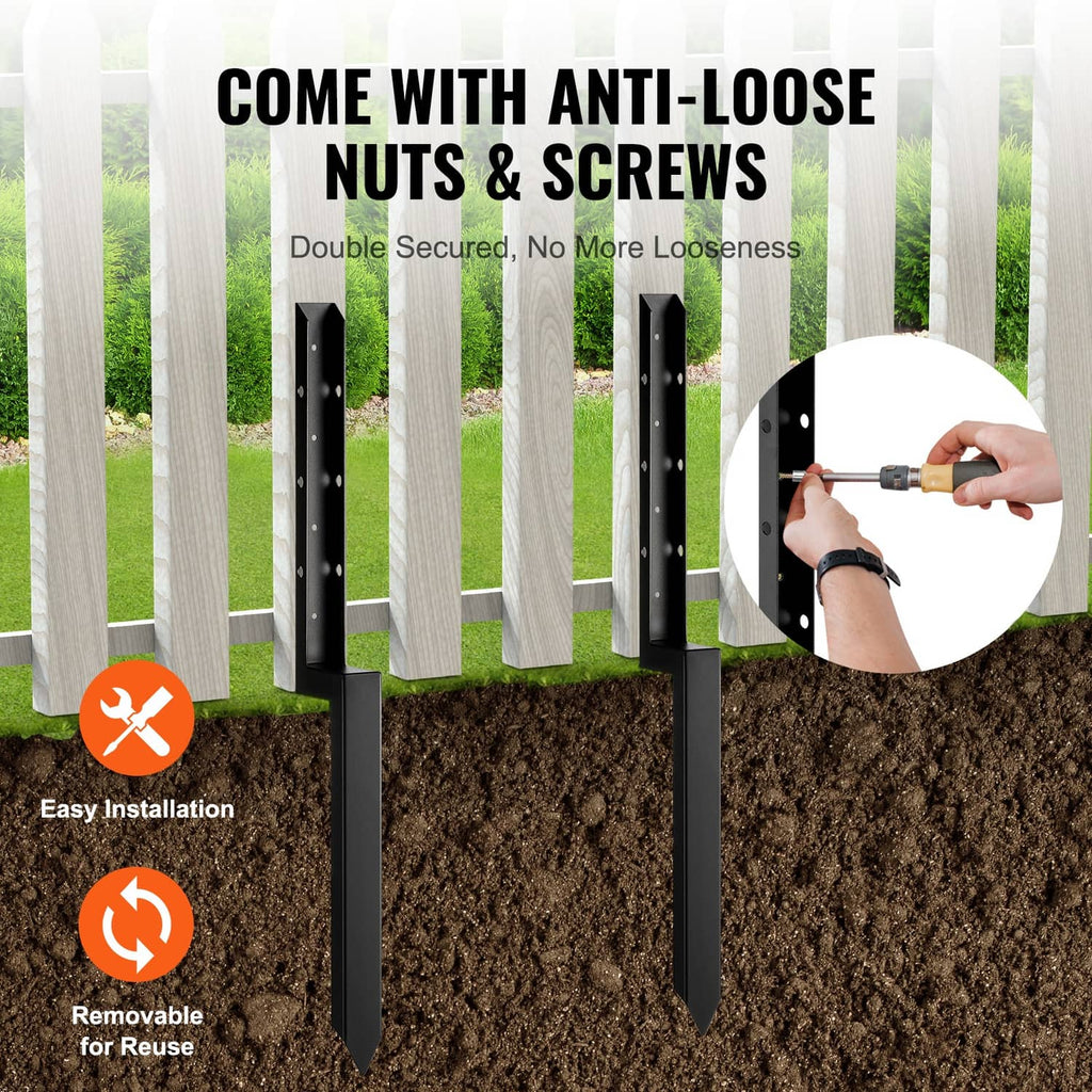 Black steel fence post anchors with spikes, shown with included nuts and screws