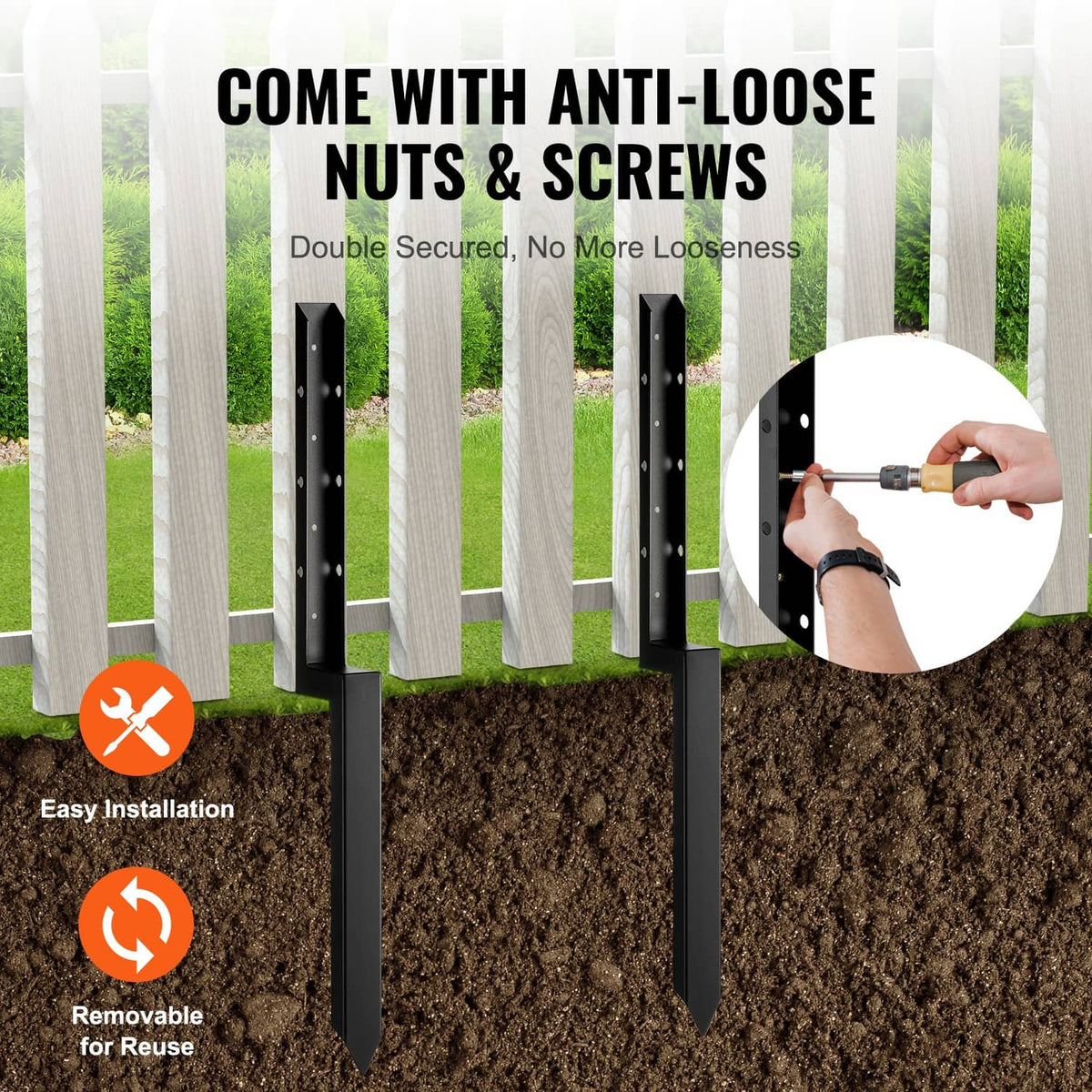 Black steel fence post anchors with spikes, shown with included nuts and screws