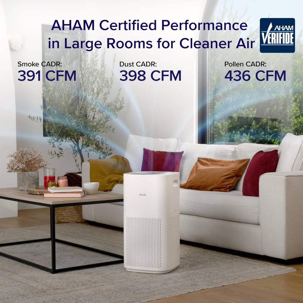 White Levoit air purifier standing on the floor with front perforation