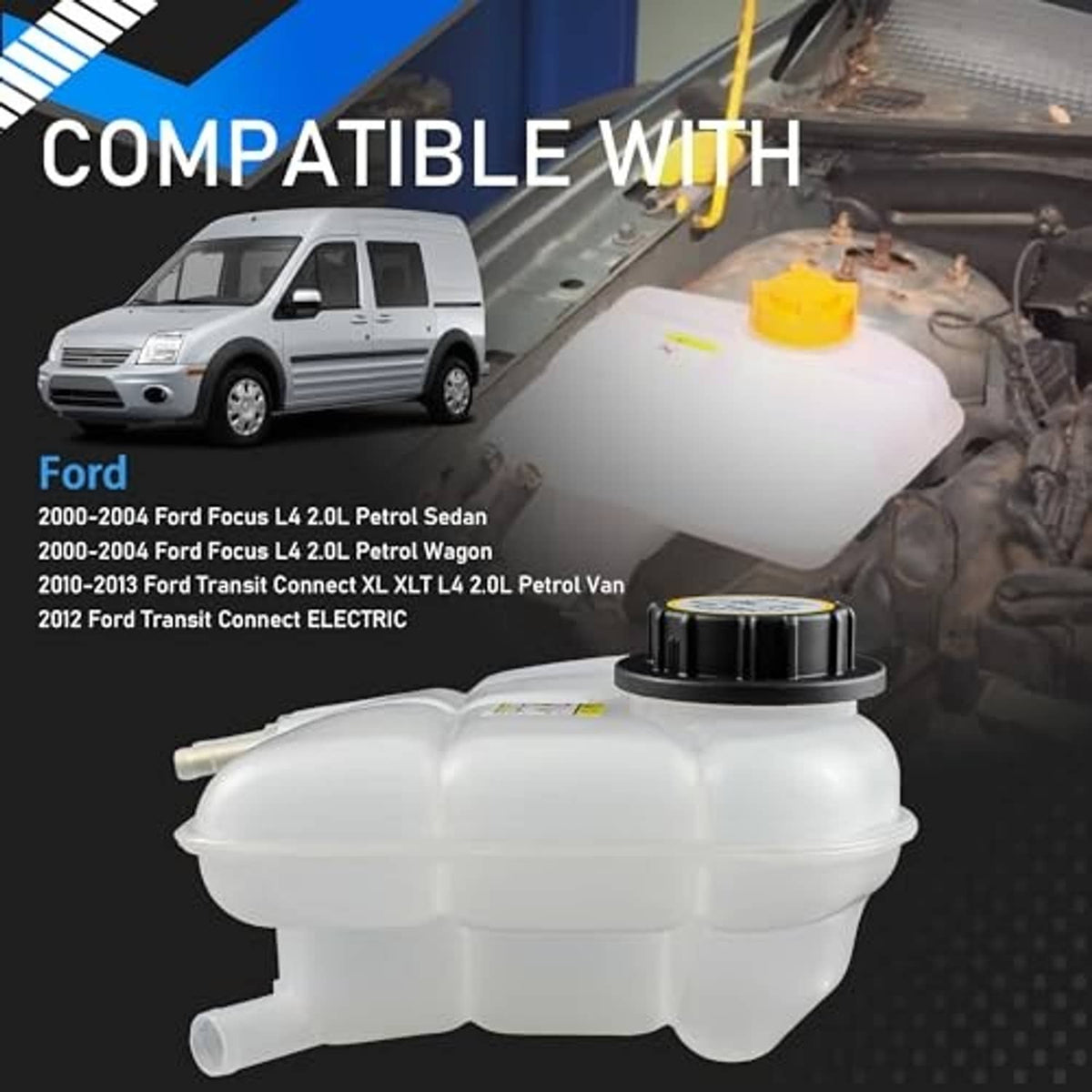White coolant reservoir overflow tank with black cap and side return hose