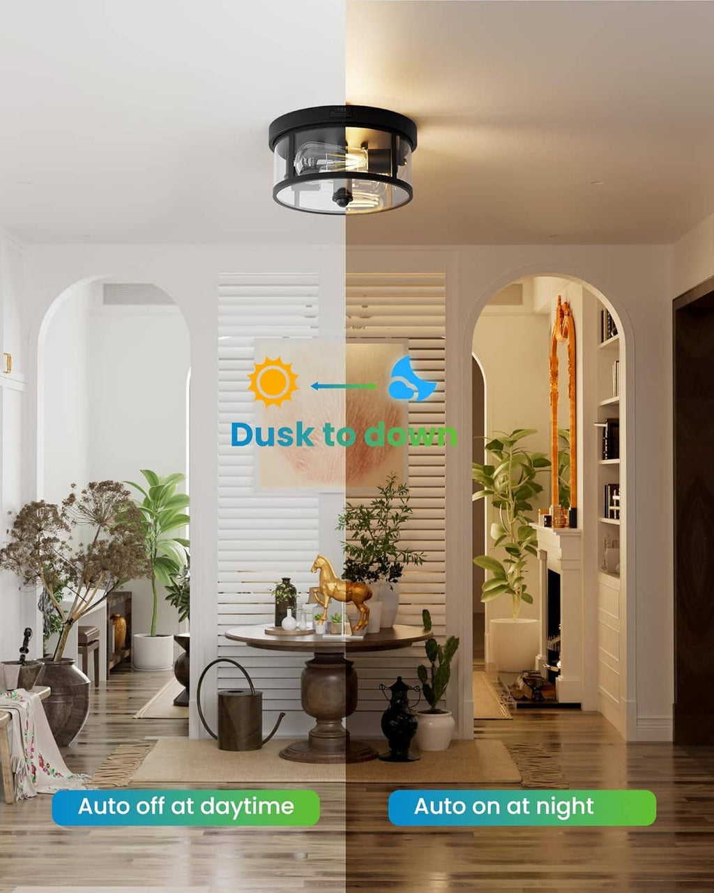 Outdoor motion-sensor ceiling light with dusk-to-dawn and auto night mode