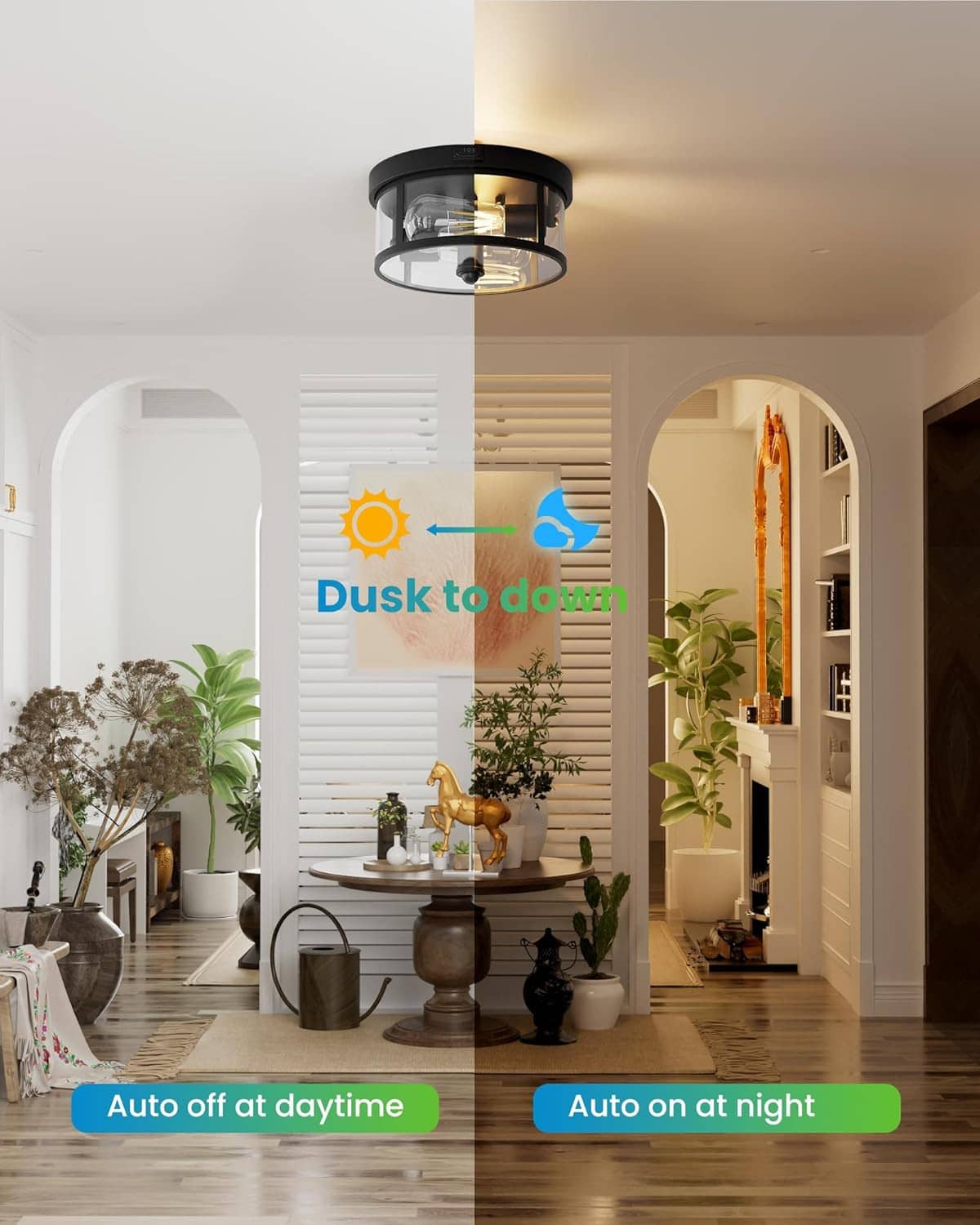 Outdoor motion-sensor ceiling light with dusk-to-dawn and auto night mode