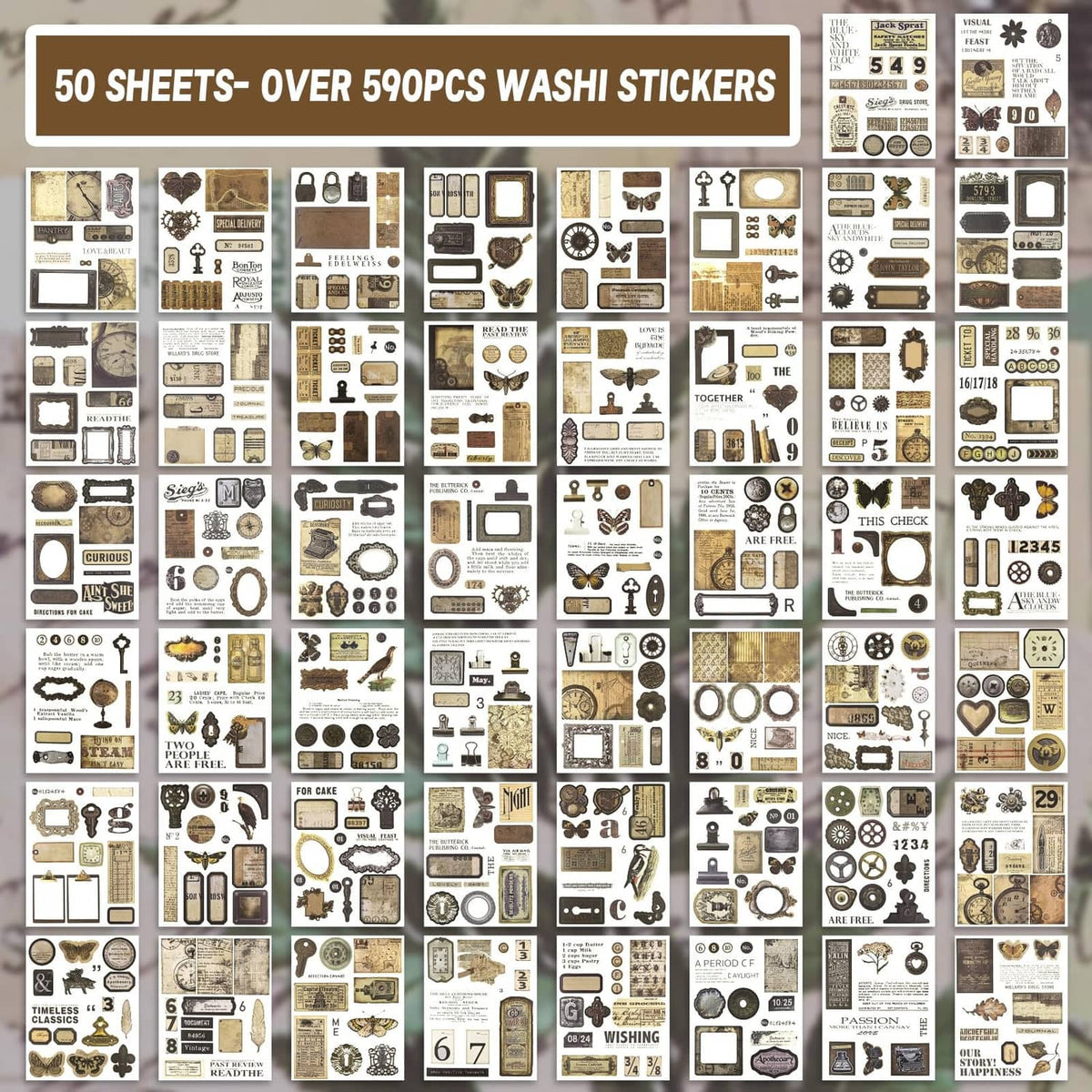Washi sticker collection sheet pack with assorted vintage icons, frames, labels, and numbers