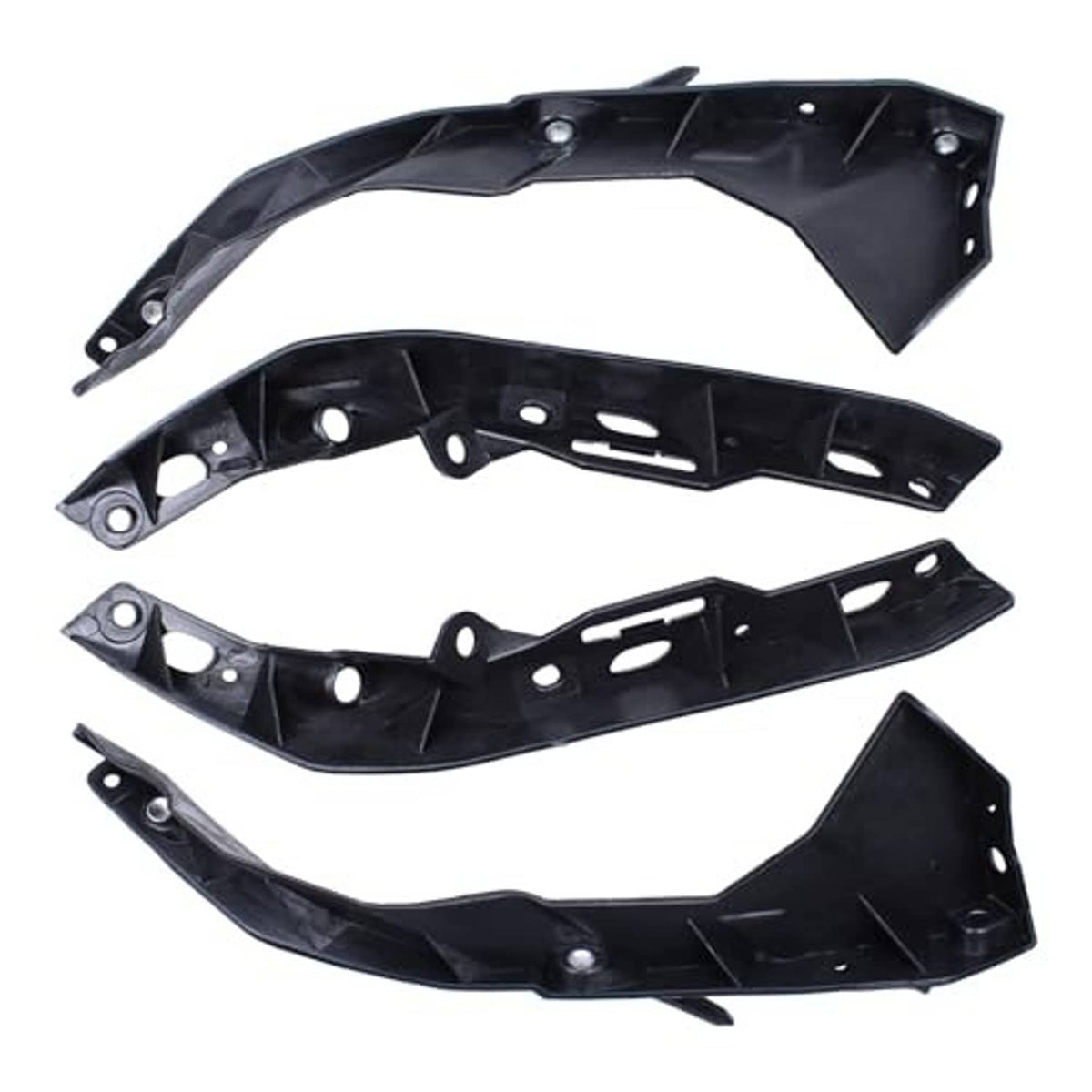Black front bumper bracket components with multiple cutouts and mounting holes