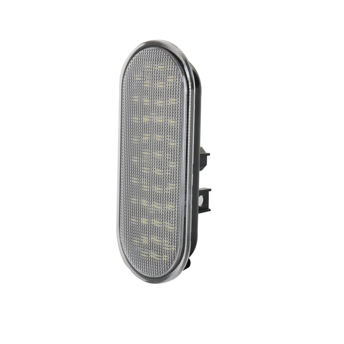 Side view of oval LED bed light lens with black outer housing and clips