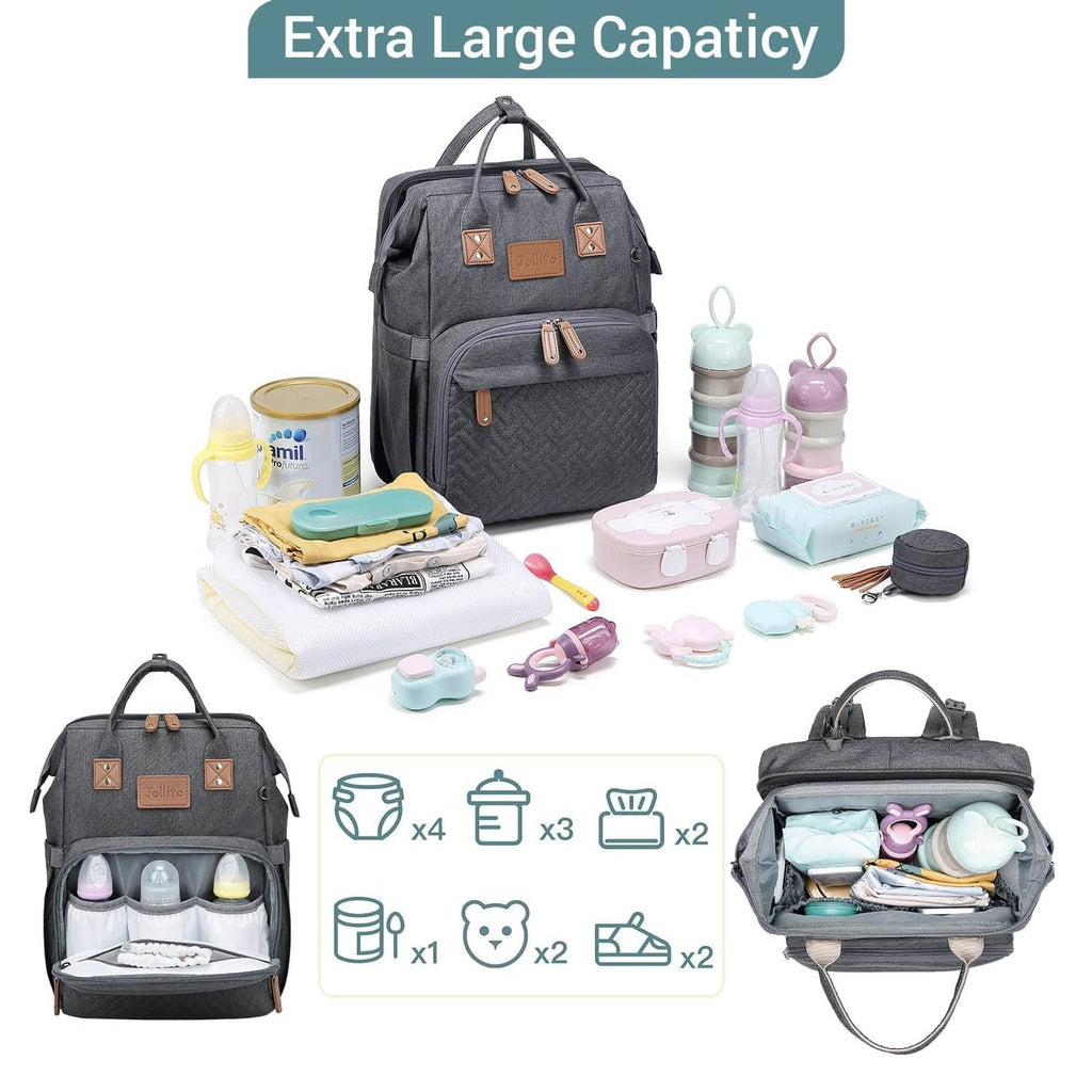 Extra-large grey diaper bag backpack with many interior compartments