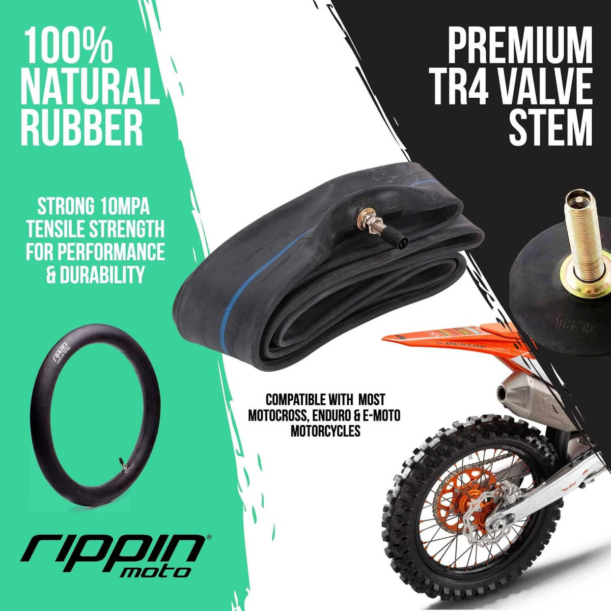 Black natural rubber inner tube with premium TR4 valve stem and tire illustration
