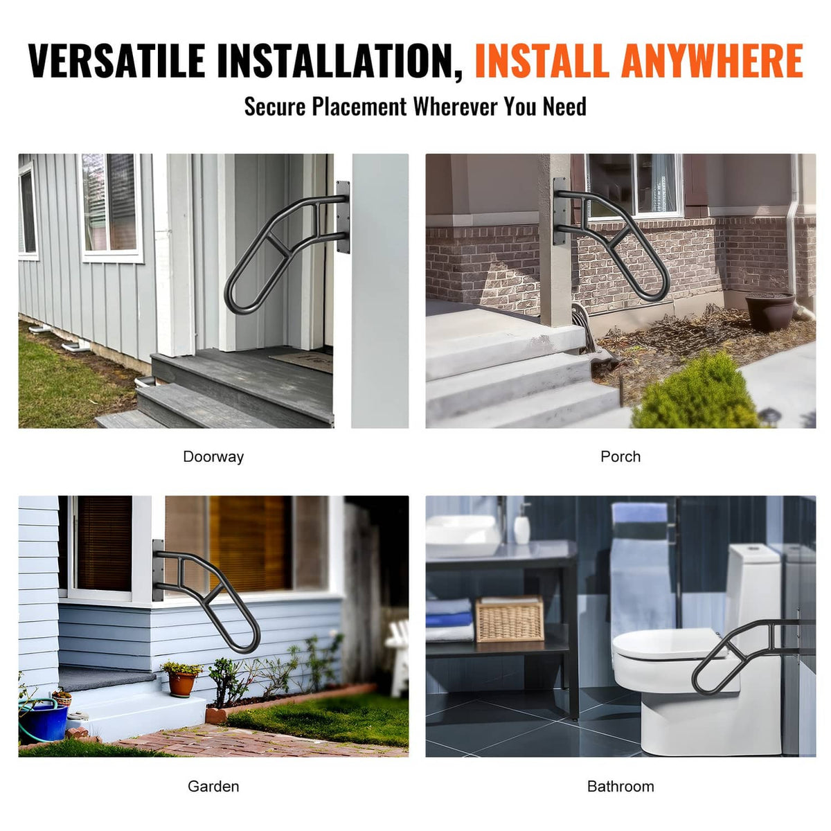Black safety handrail installed at porch, doorway, and bathroom entry points