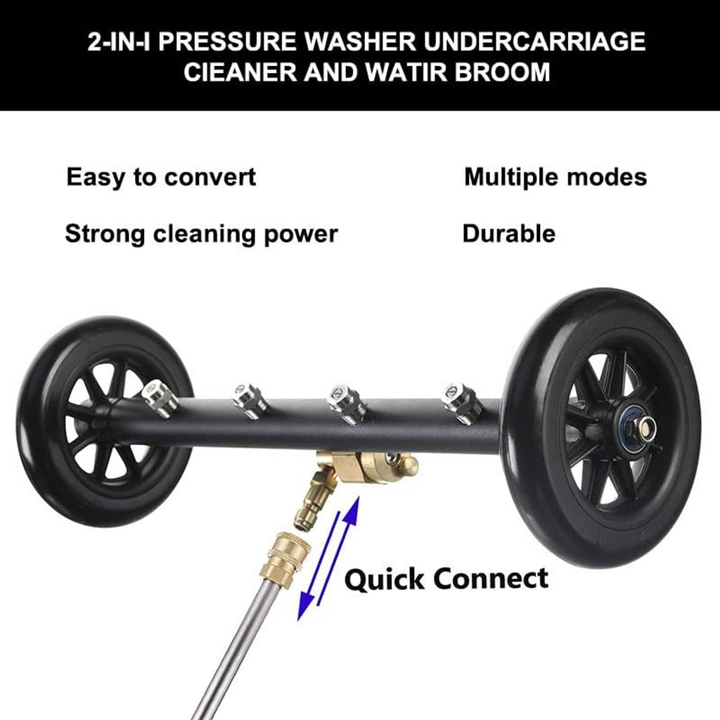 Wheel-mounted undercarriage pressure washer cleaner with quick-connect fittings and hoses