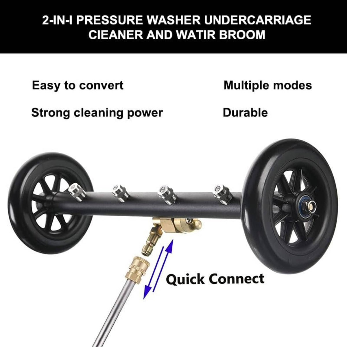 Wheel-mounted undercarriage pressure washer cleaner with quick-connect fittings and hoses
