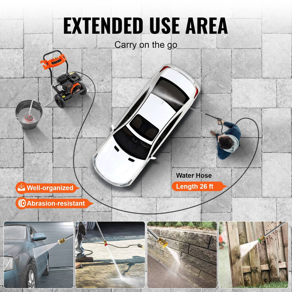Gas pressure washer with long water hose and compact cart layout for outdoor cleaning
