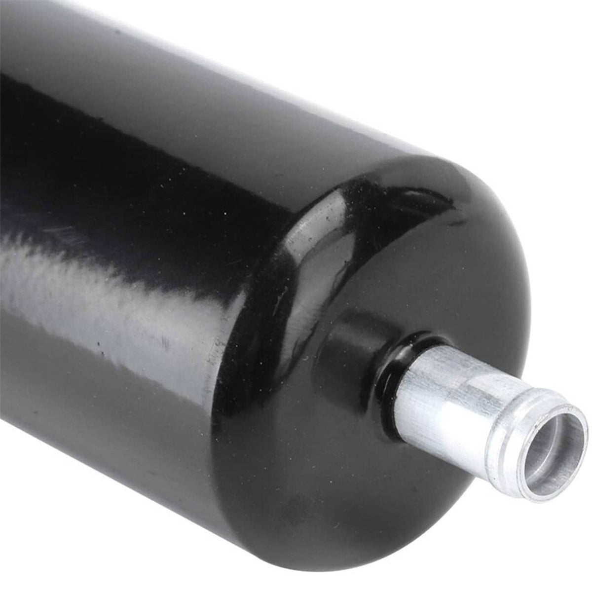 Inline electric fuel pump close-up of black housing and metal outlet fitting