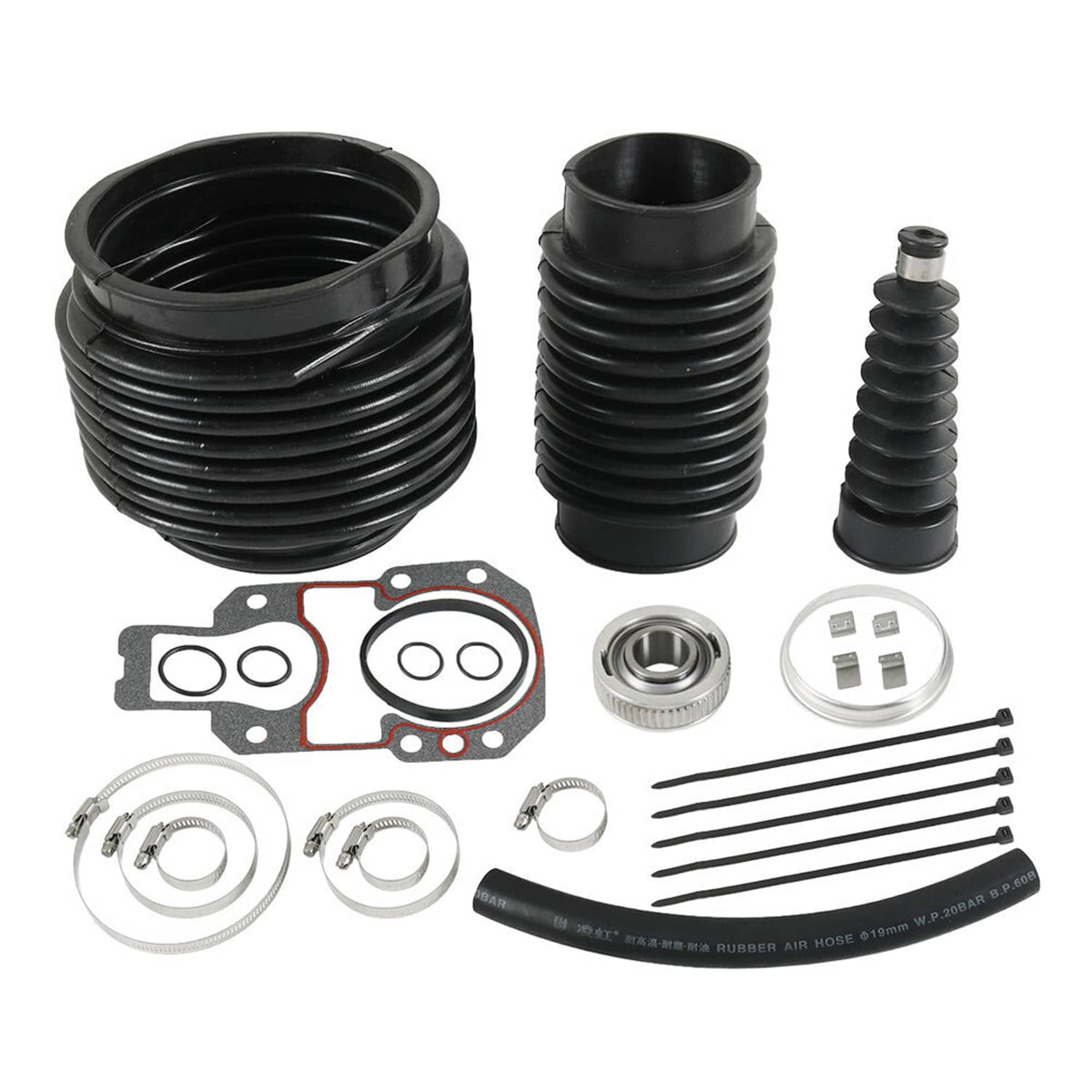 Transom bellows repair kit with black boots, gasket, O-rings, hose, and clamps