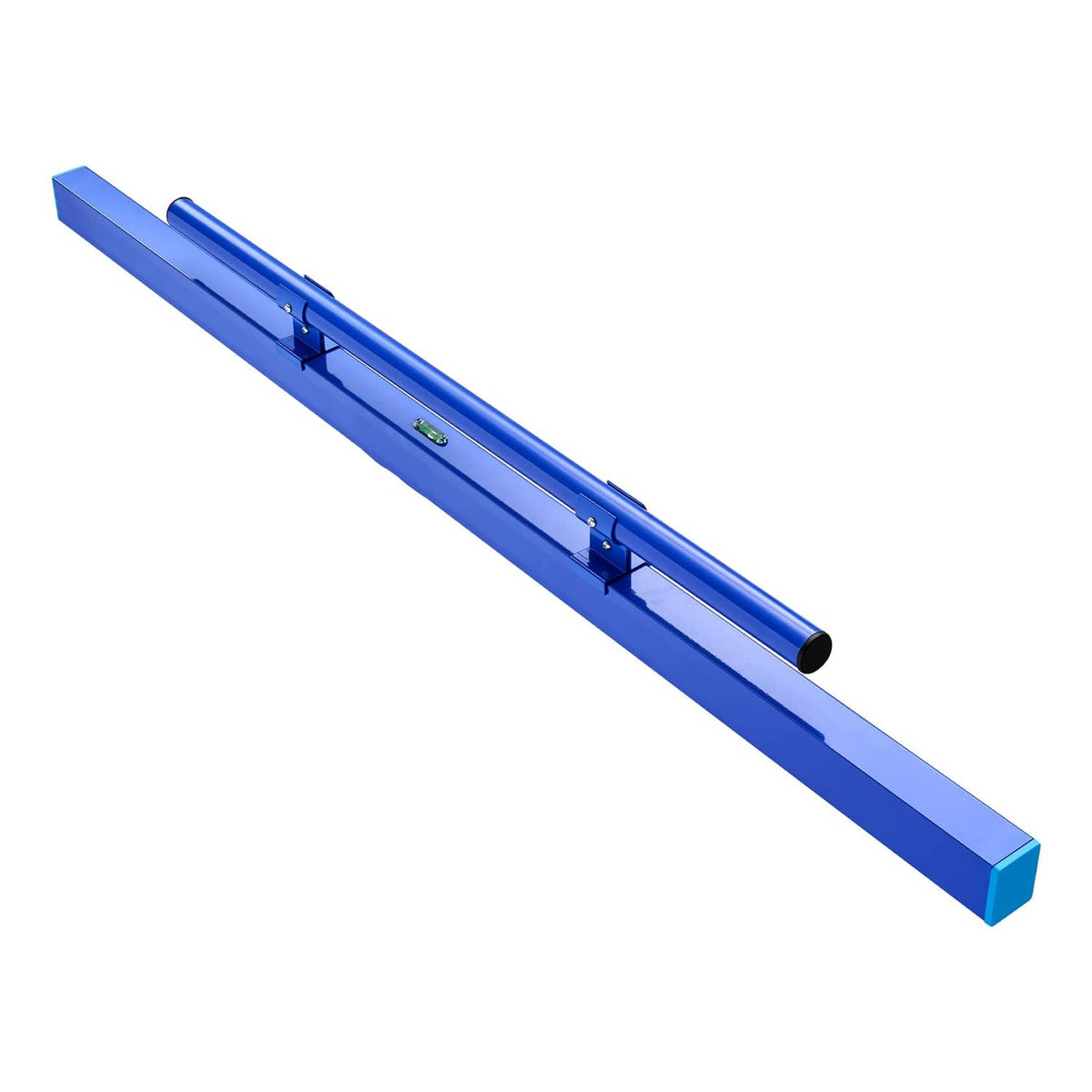Blue concrete screed board with long tube handle and adjustable brackets