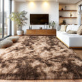 Rectangular tie-dyed shag area rug, mottled brown and tan plush pile, 6x9 ft