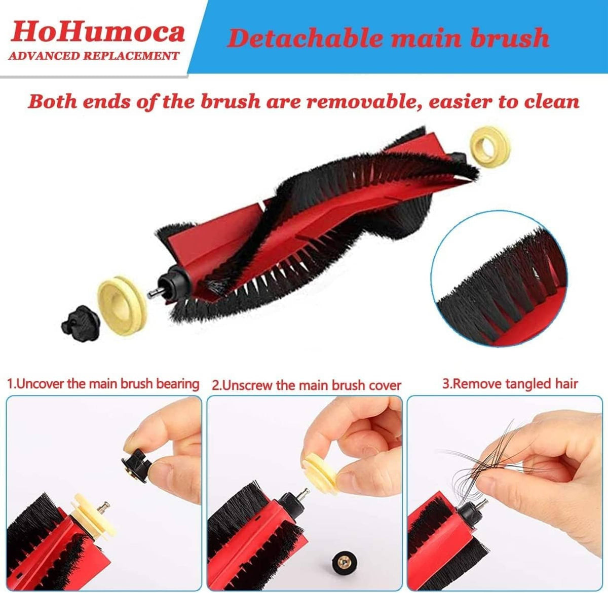 Detachable main brush for robot vacuum, red and black with removable brush ends