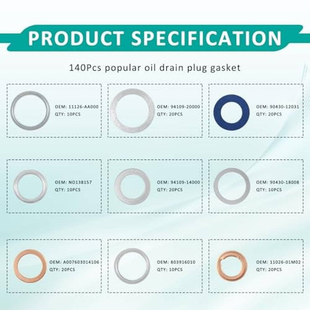 Oil drain plug gasket specifications chart with labeled circular gasket sizes and quantities