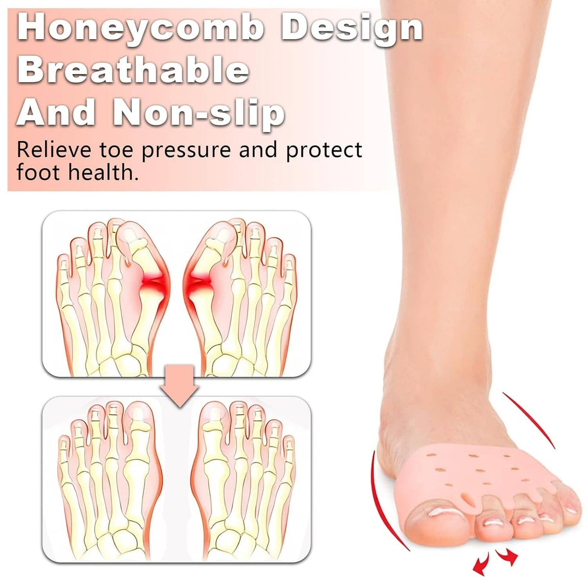 White silicone toe separator on toes with perforated, breathable cushion design.