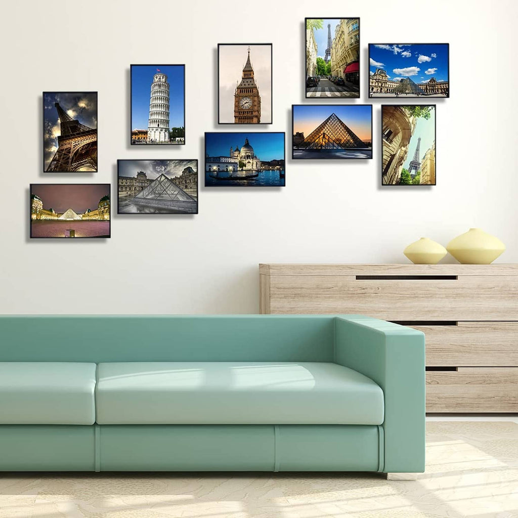 Black 4x6 photo frames arranged on a wall in a grid collage