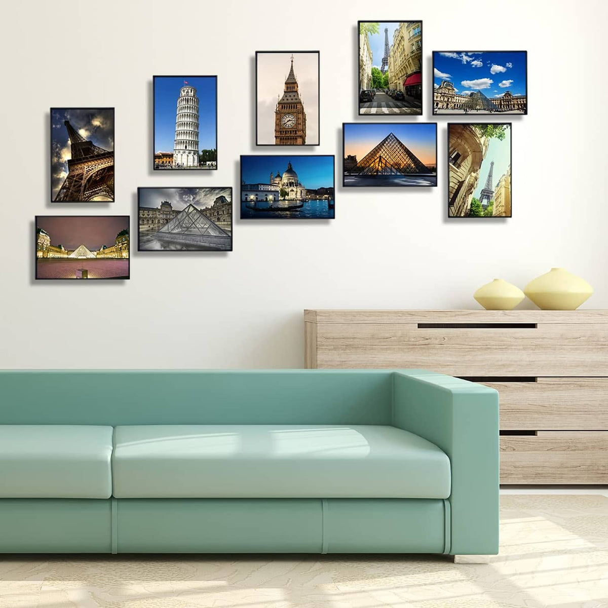 Black 4x6 photo frames arranged on a wall in a grid collage