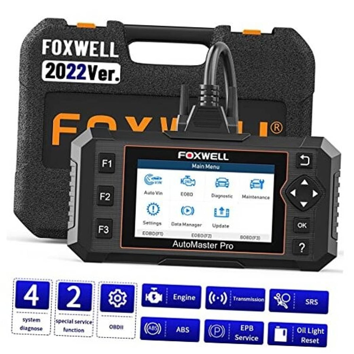 FOXWELL AutoMaster Pro handheld OBD2 diagnostic scanner with screen and buttons, black
