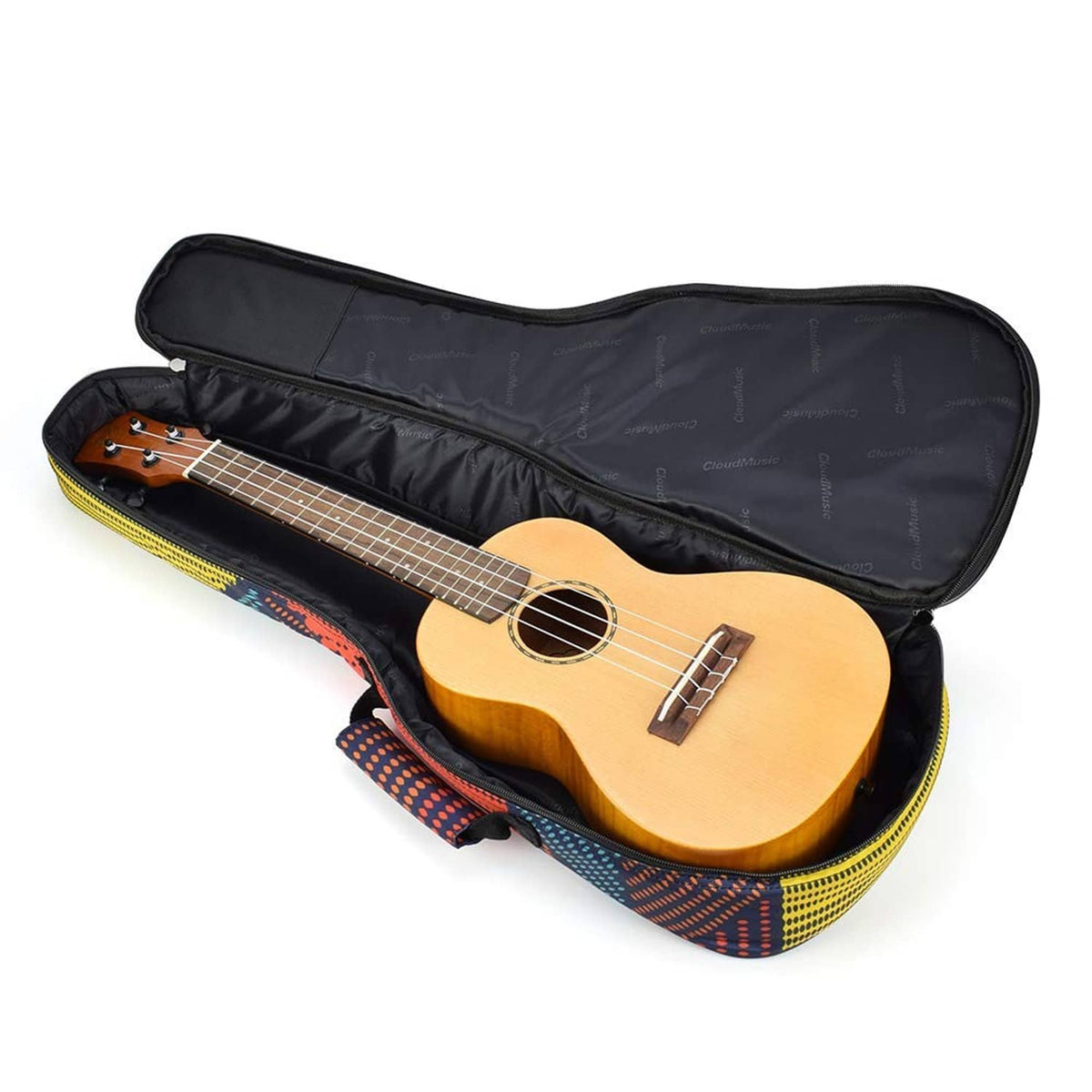 Padded ukulele gig bag with zipper, holding a light wood acoustic ukulele