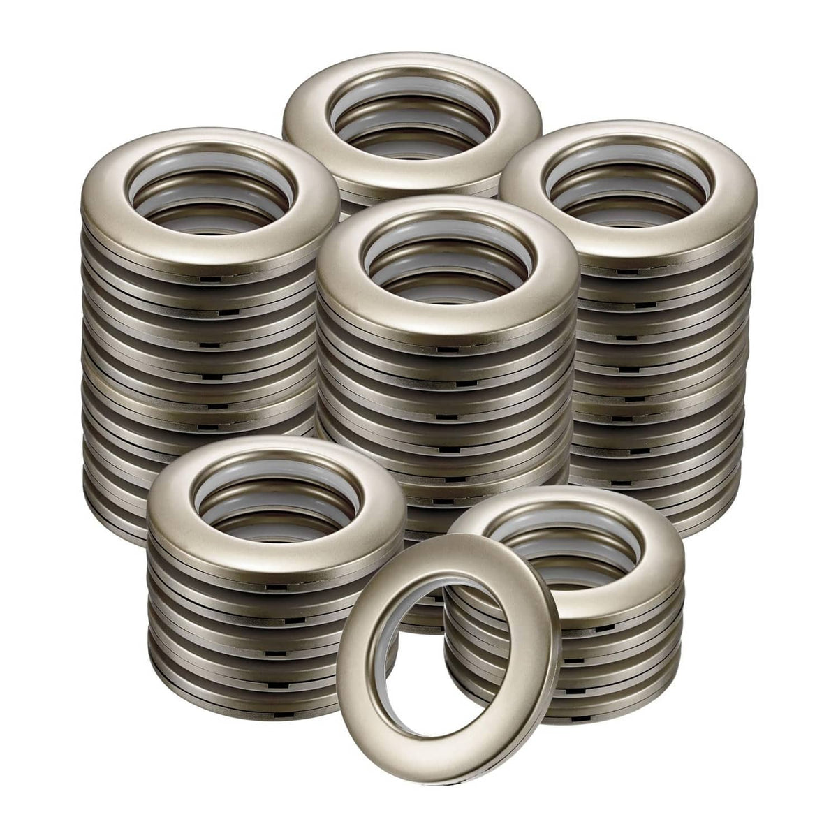 Coffee curtain grommet rings, round metal-look loops, stacked set of 50
