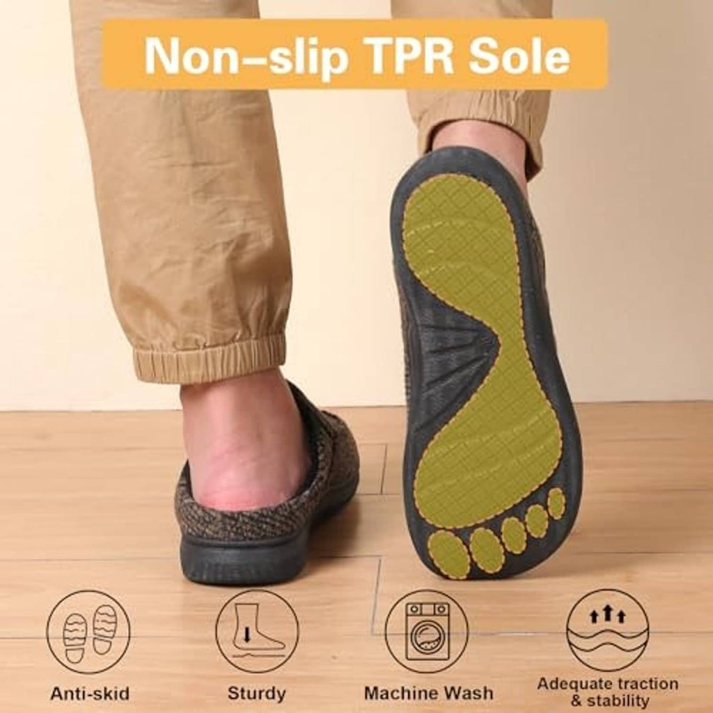 Men’s slipper outsole view with textured non-slip grip pattern and yellow tread