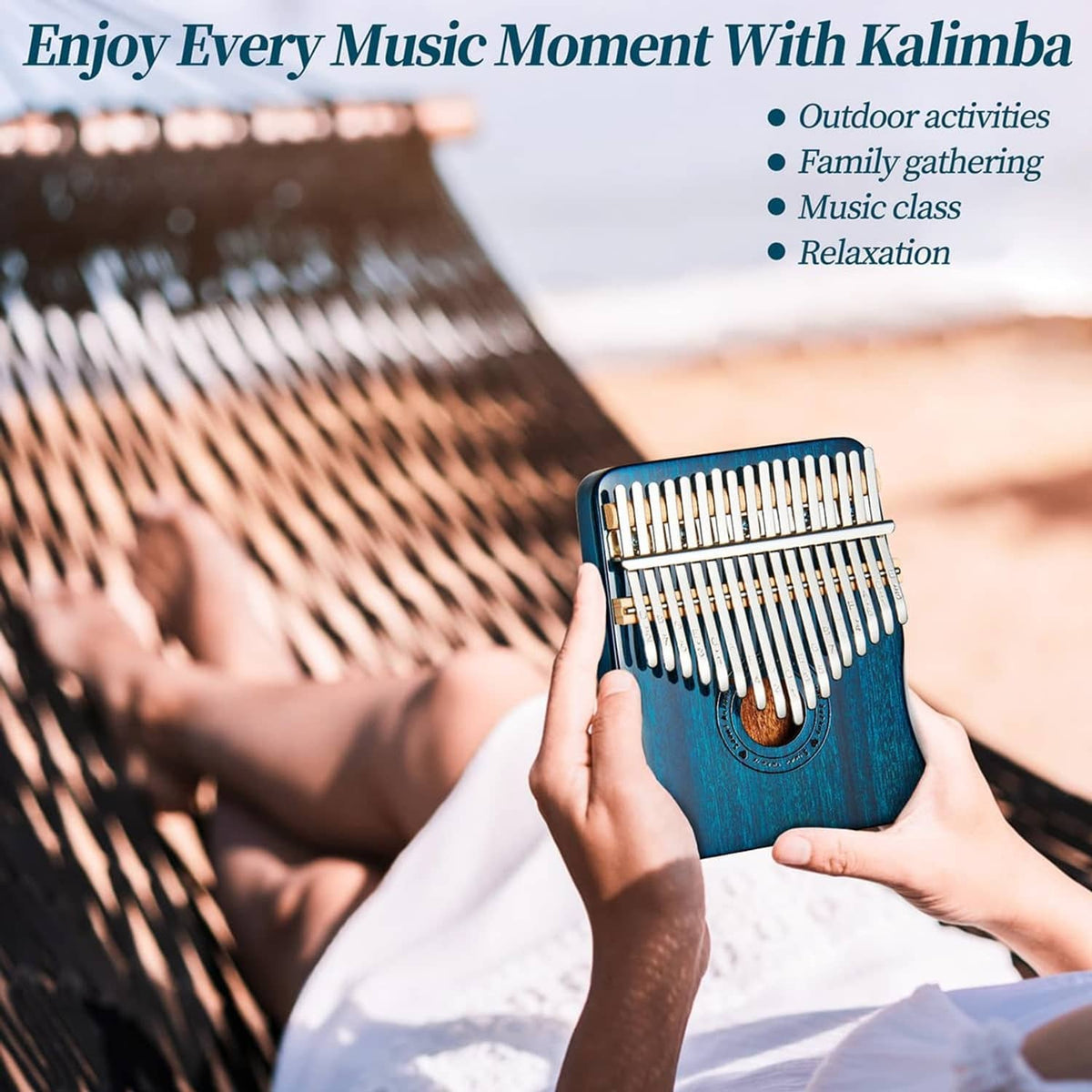 Handheld blue 17-key kalimba with white metal tines and round sound hole