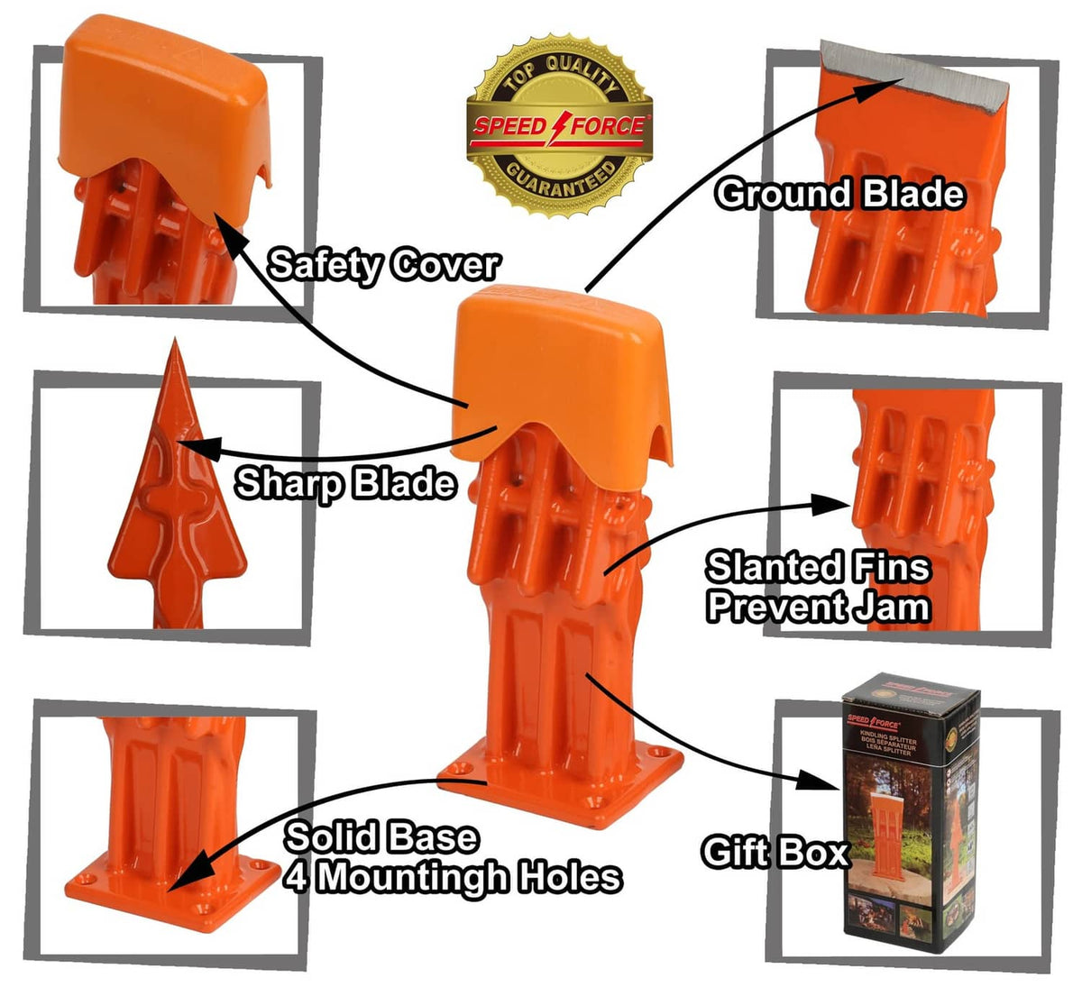 Orange log splitting wedge tool with safety cover, ground blade, slanted fins