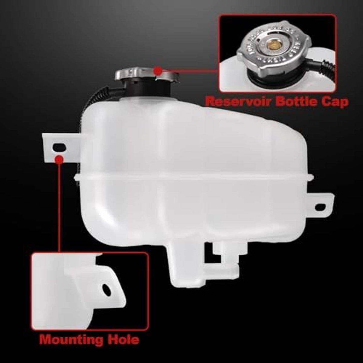 Coolant reservoir tank with metal cap, ribbed hose, and mounting hole