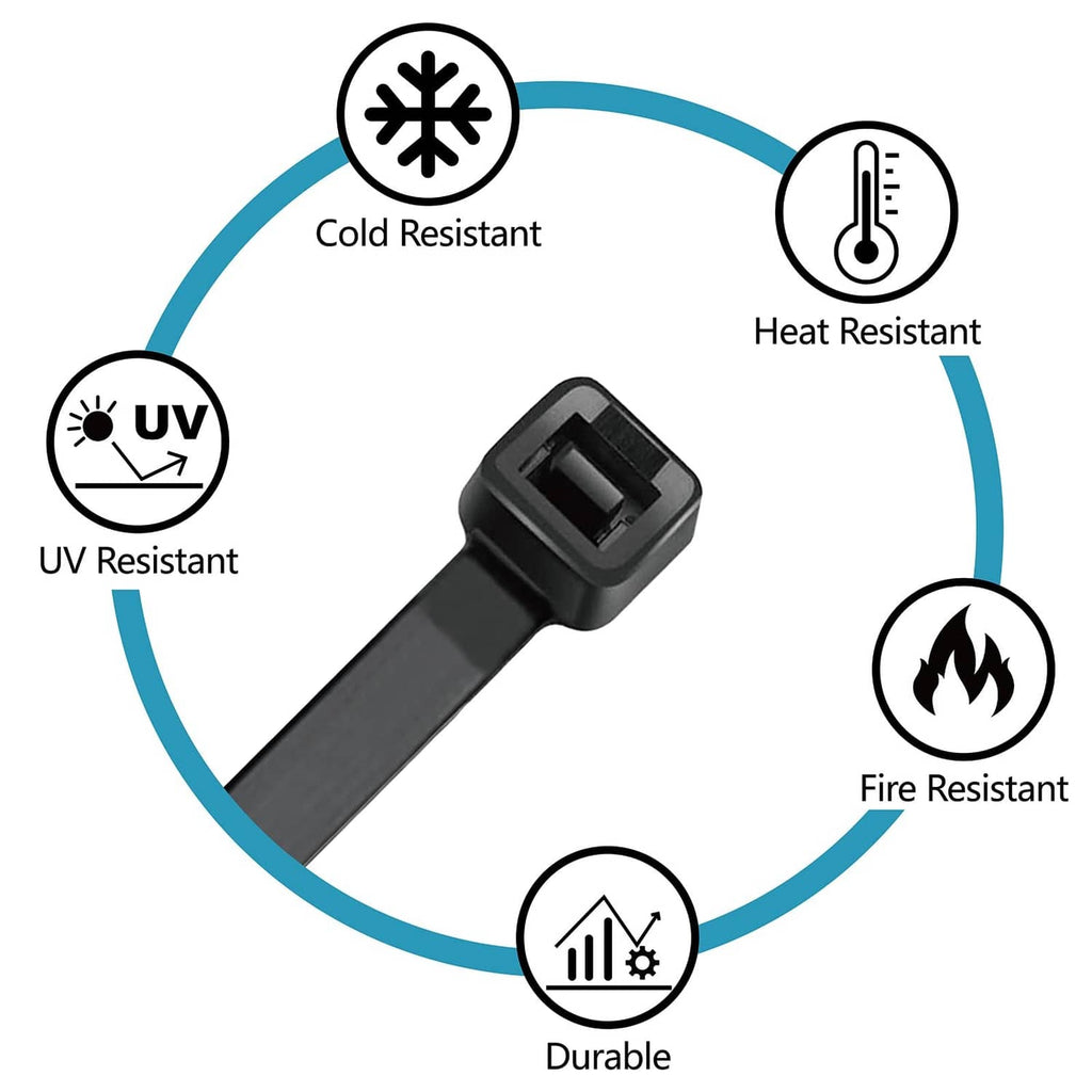 Black zip tie durability icons: UV, heat, cold, fire resistant, durable