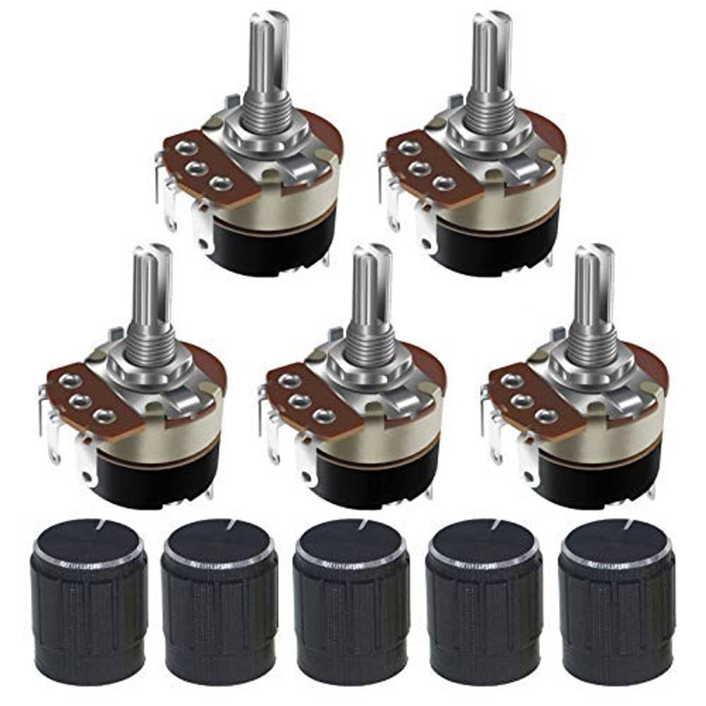 Five-pack rotary potentiometers with switch; metal shafts and black adjustment caps